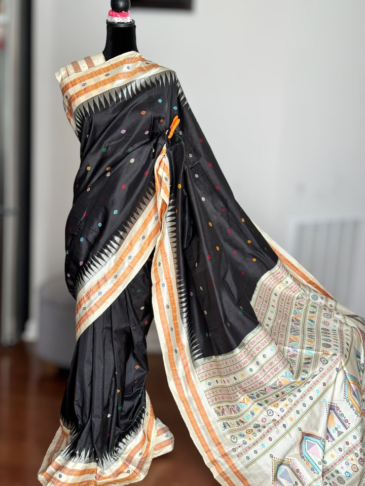 Gorgeous Black and Beige Combination Dolabedi pure silk saree from Odisha Weaves
