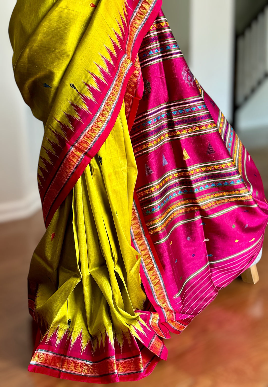 Light green and magenta pink combination Dongria double pallu contemporary ikat pure silk saree