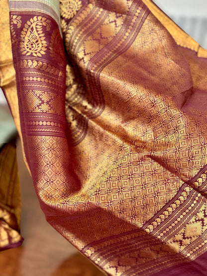 Light Sage Green vintage Checks Gadwal Pure Silk Saree with zari buttas and contrast Maroon border