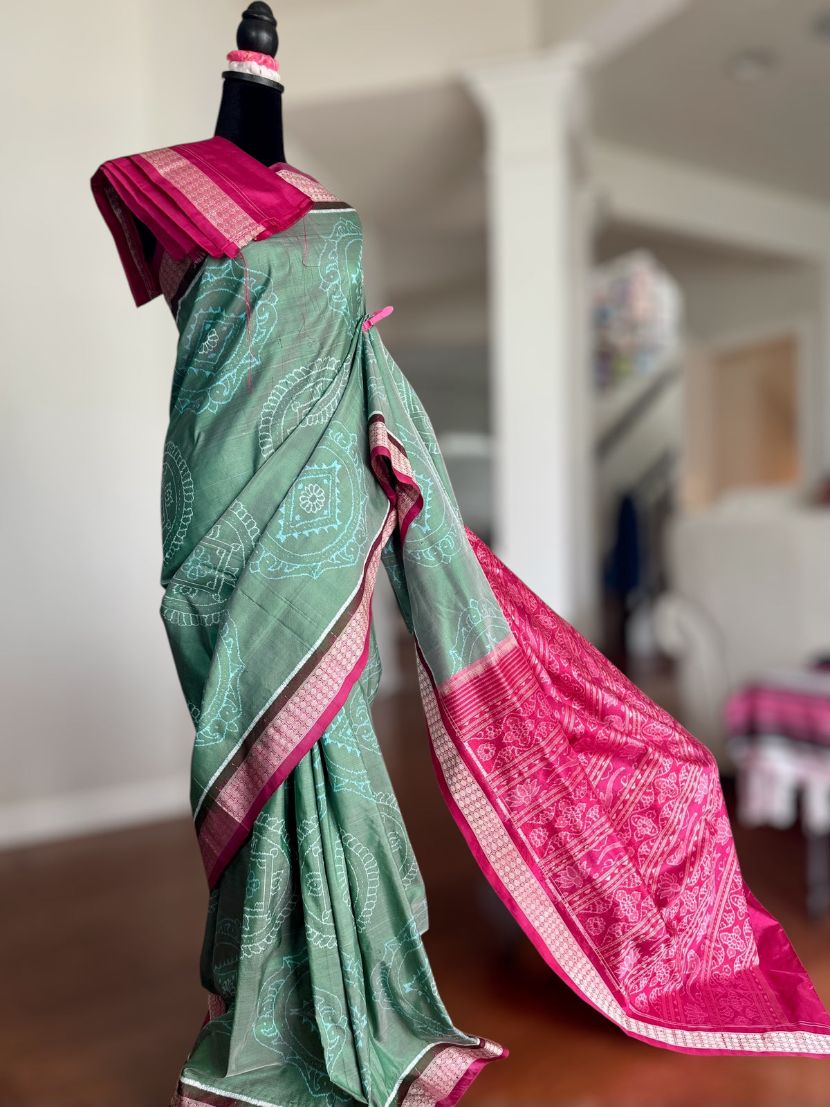 Handwoven Sage green and Pink yantra theme Sambalpuri ikat pure silk saree|Odisha Weaves|
