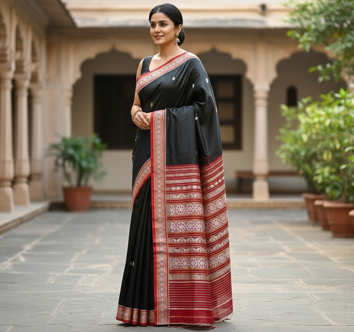 Black with red combinations contemporary ikat from Odisha weaves with konark chakra jala weaving