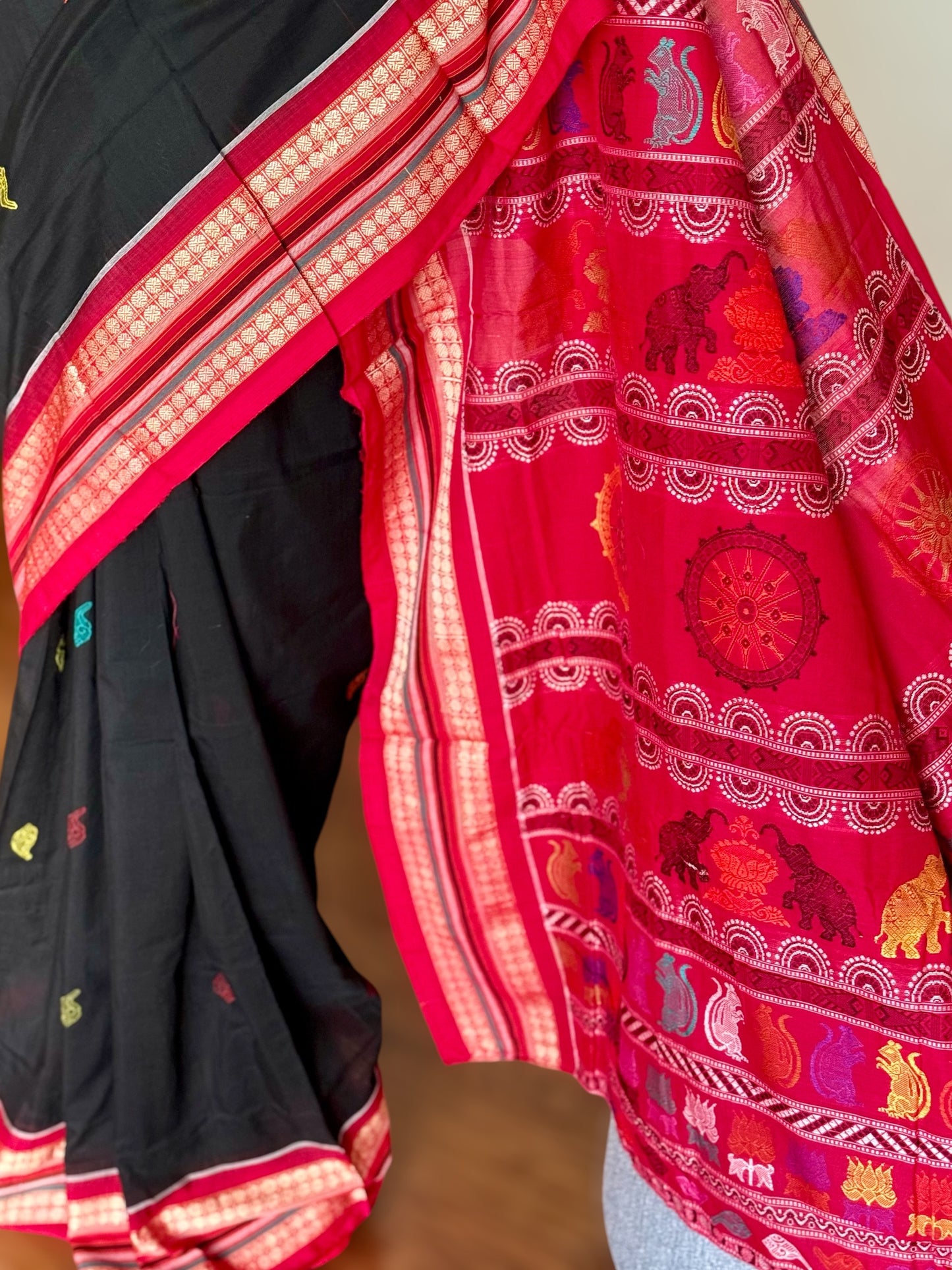 Handwoven Bomkai cotton saree in black red combinations