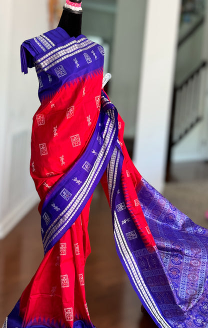 Gorgeous Bomkai pure silk saree in Red and Royal blue combination