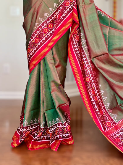 Shot Green with Red color combo Single ikat patan Patola pure silk saree