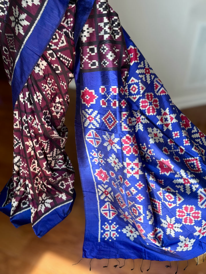 Purple with Blue combination Telia inspired Contemporary ikat pure silk saree