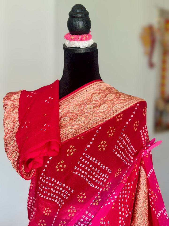 Pink with Red pure khaddi chiffon georgette rai bandhini saree