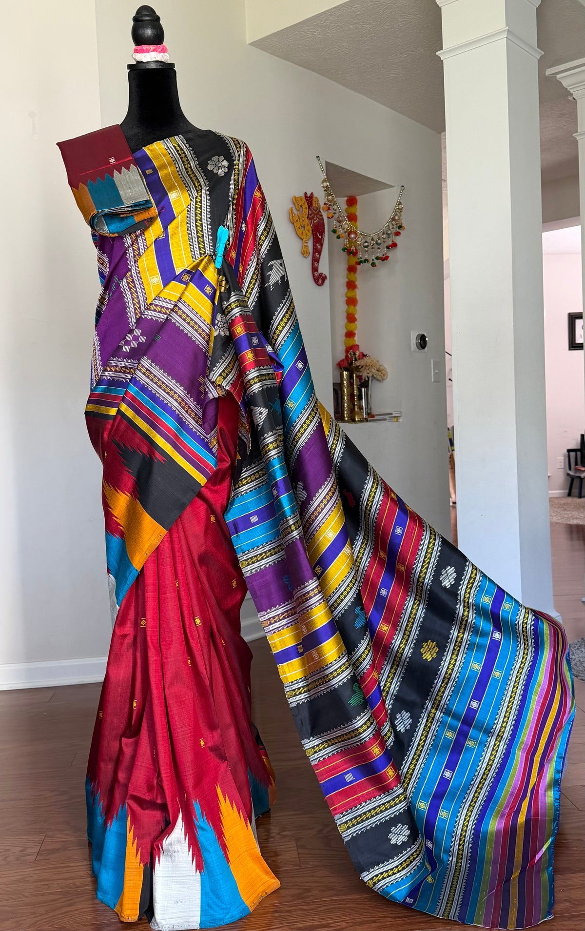 Maroon Berhampuri Pure Silk Saree with multi color Double pallu