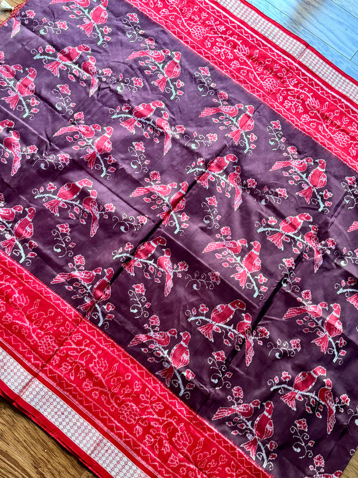 Bird theme Sambalpuri double ikkat pure silk saree in brown and red combination |Odisha Weaves
