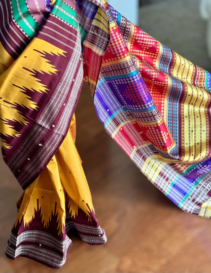 Mustard with brown  Berhampuri pure silk saree with colorful double pallu