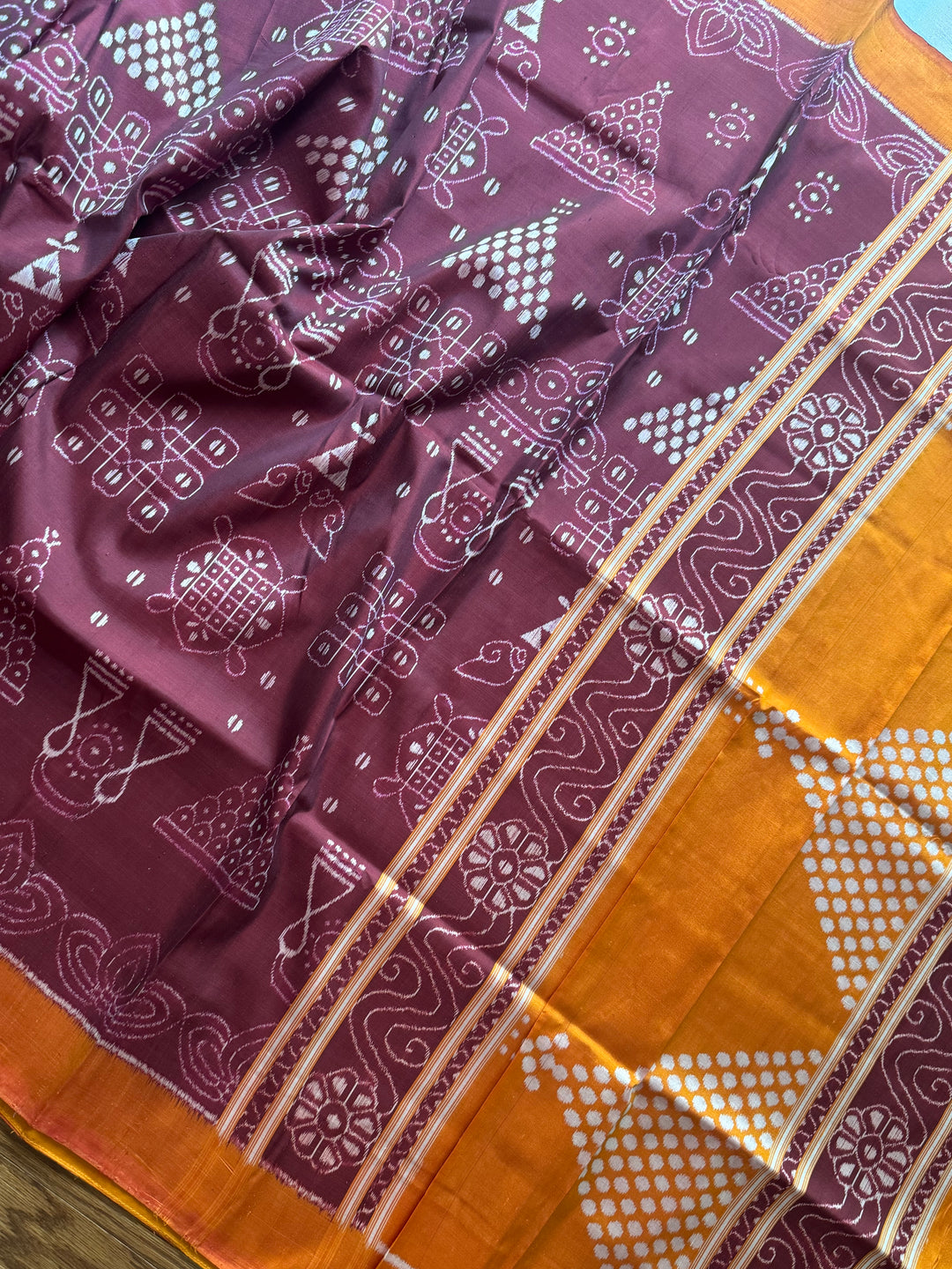 Maroon with orange yellow color handwoven Chita patterned ikat pure silk saree|Odisha Weaves|Contemporary Ikat