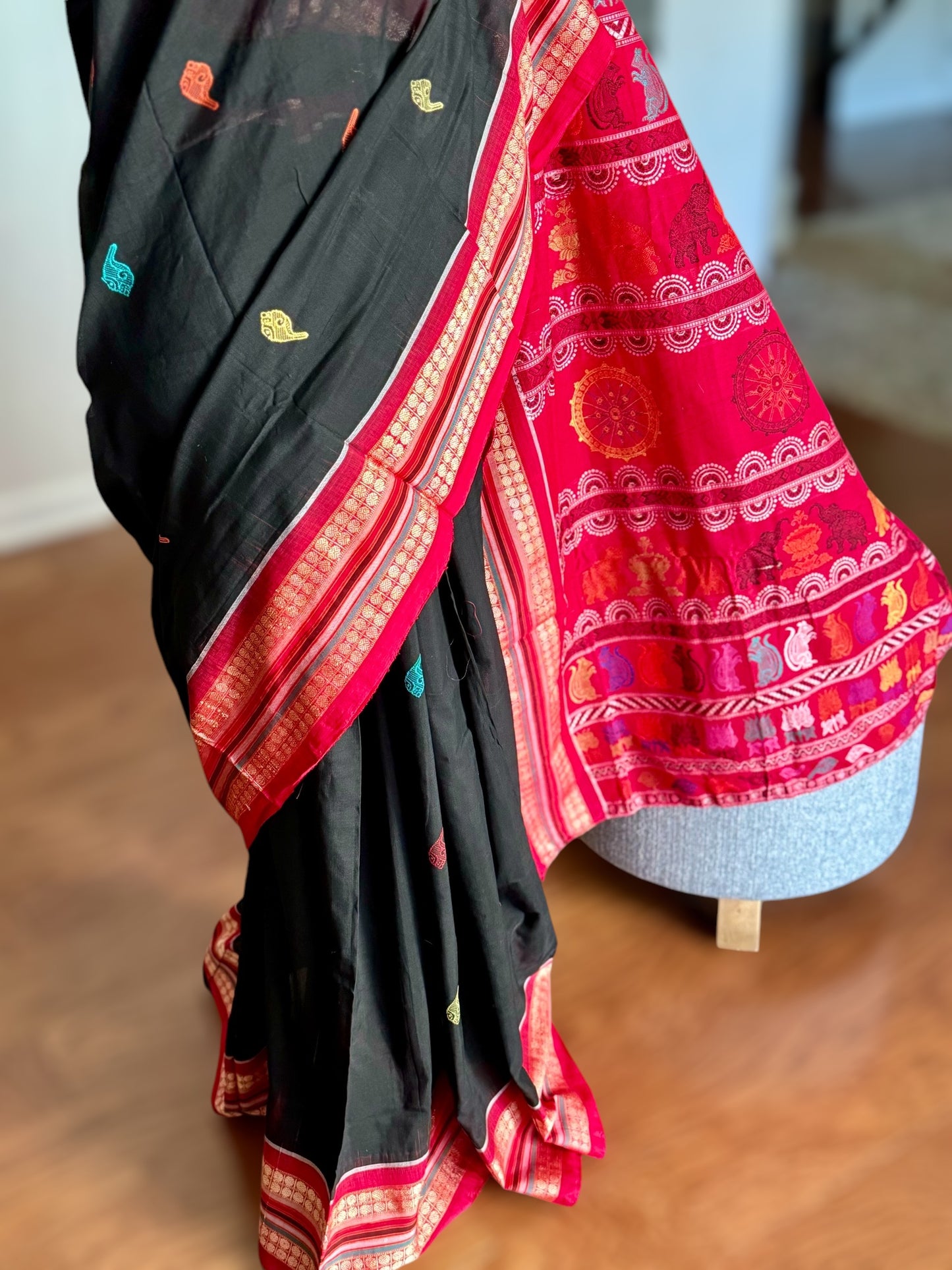 Handwoven Bomkai cotton saree in black red combinations