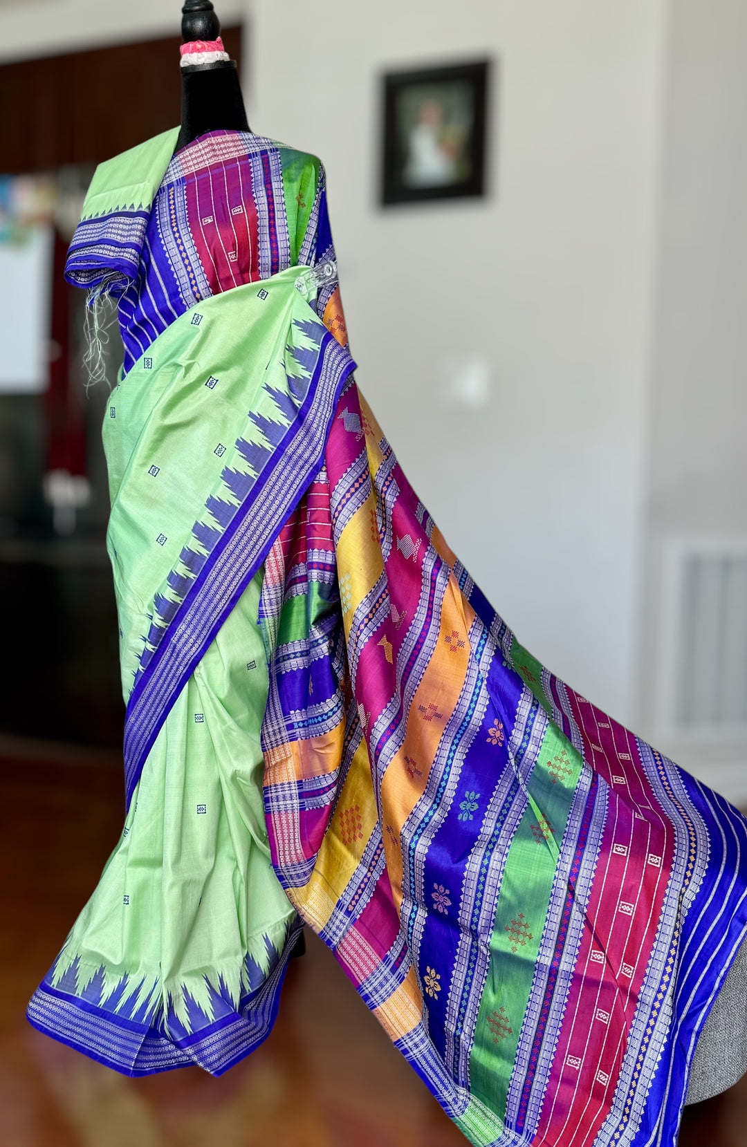 Light Green Berhampuri double pallu pure silk saree from Odisha weaves