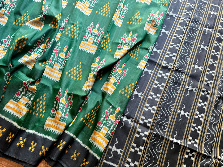 Dark Green Tribal Dance theme Contemporary Ikat Pure Silk Saree|Odisha Weaves