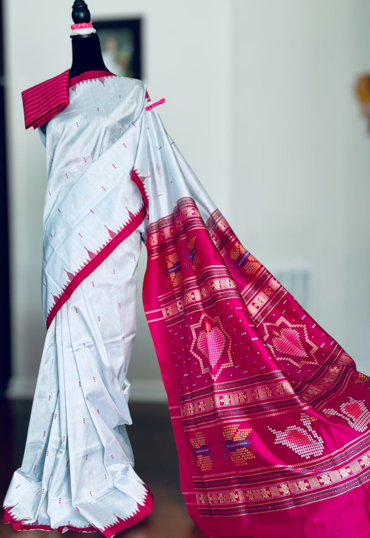 Blueish Grey with Magenta Phoda kumbha Sambalpuri handwoven pure Silk Saree with Dobby weaved Pallu |Odisha Weaves
