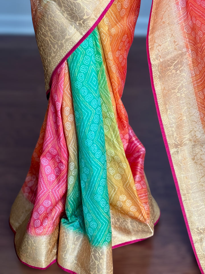 Multi colored Bandhini printed silk saree|Party Wear Saree|PPS