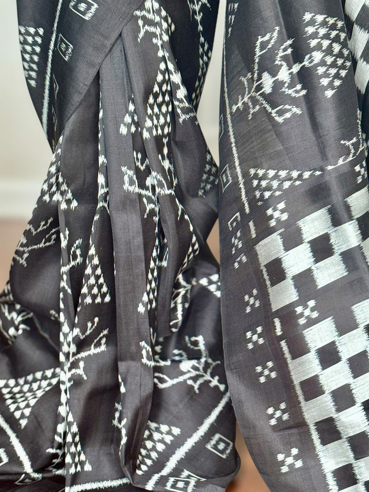 Handwoven Black contemporary ikat Silk Saree from Odisha|Mishrita