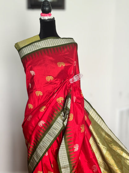 Red with mehendi green elephant motif Exclusive Bomkai pure silk Saree