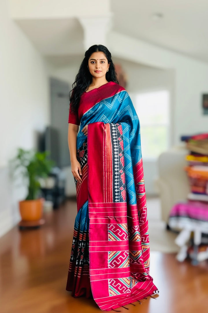 Elegant Blue Pochampally ikat pure silk saree