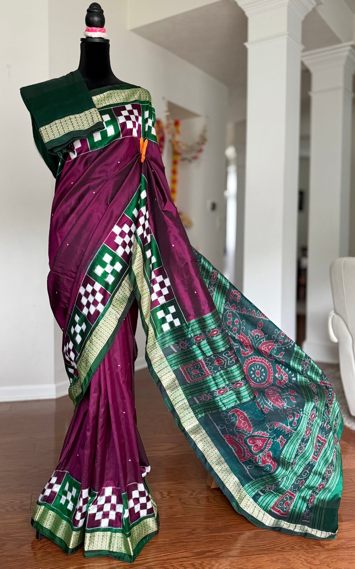 Plum and green combination Sambalpuri pasapali handwoven Ikkat semi-silk saree| Odisha Weaves