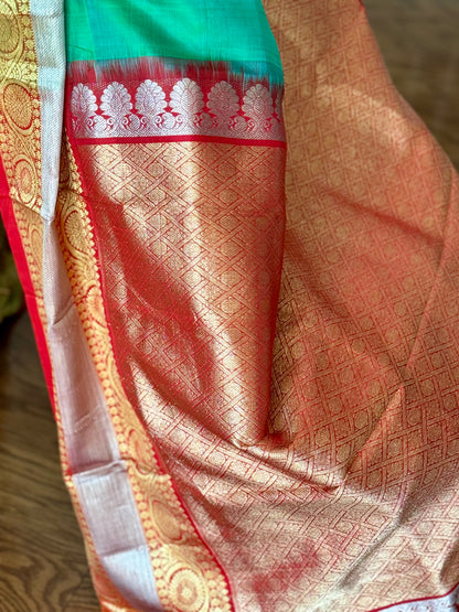 Green color Venkatagiri handloom pure silk saree with kanchi border