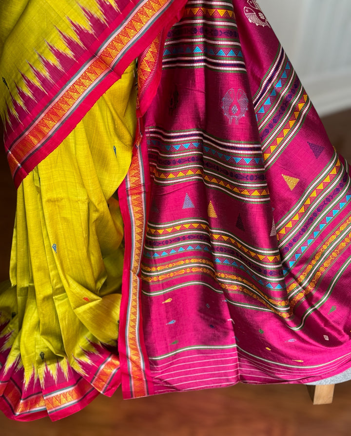 Light green and magenta pink combination Dongria double pallu contemporary ikat pure silk saree