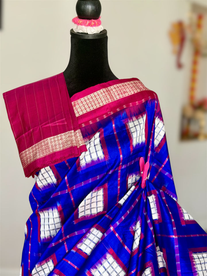 Handwoven Royal Blue Aswini Sambalpuri Double ikat pure silk saree|Odisha Weaves|