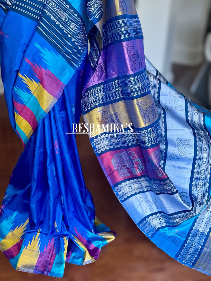 Blue Berhampuri Pure Silk Saree with multi color animal motif Double pallu