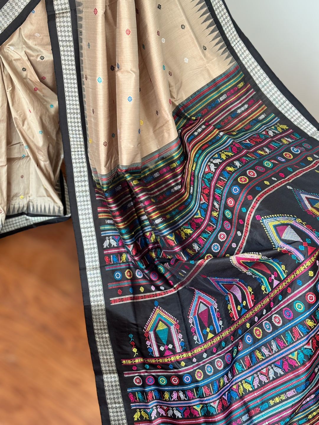 Gorgeous desert sand and black Combination Dolabedi pure silk saree from Odisha Weaves
