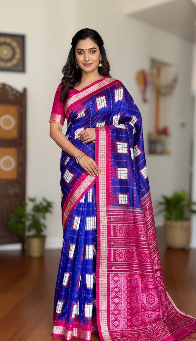 Handwoven Royal Blue Aswini Sambalpuri Double ikat pure silk saree|Odisha Weaves|