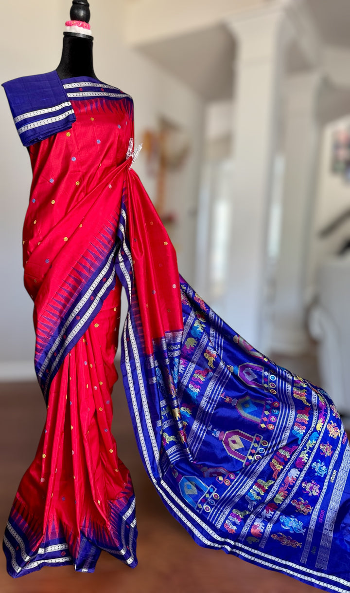 Gorgeous Red with Royal BlueNandighosa pure silk saree from Odisha Weaves| Bomkai|