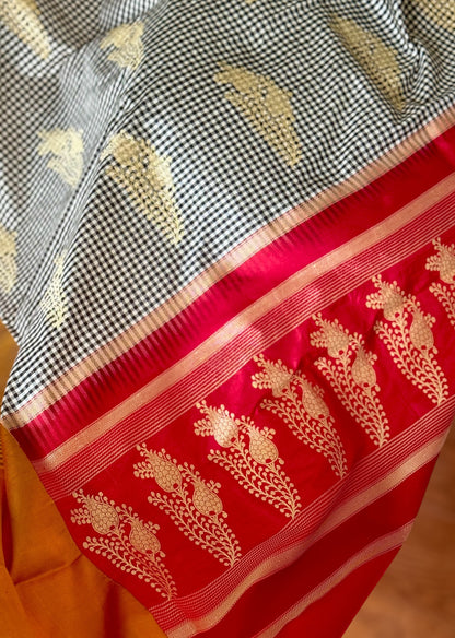 Pure Katan Silk Checks Banarasi handlooms ektara and Kadhwa weaved Saree