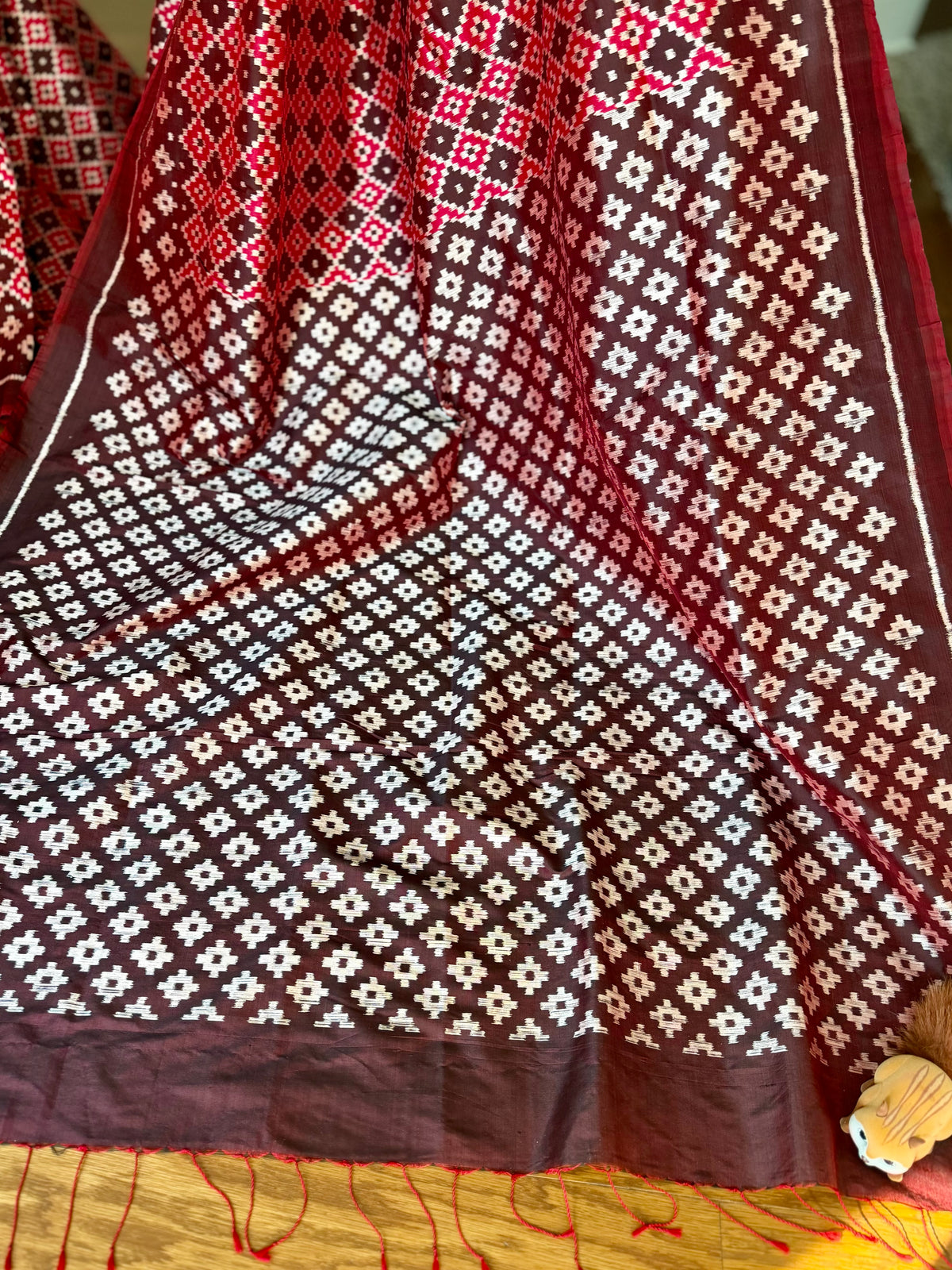 Maroon handwoven ikat pure silk saree with pasapali design|Odisha Weaves|Contemporary Ikat|Antara