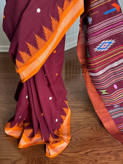 Maroon Original Ganjam Bomkai Cotton Saree from Odisha Weaves
