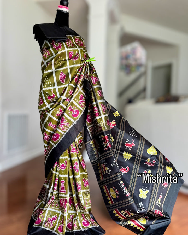 Olive Green Nabakothi Contemporary Ikat Pure Silk Saree|Odisha Weaves|Mishrita