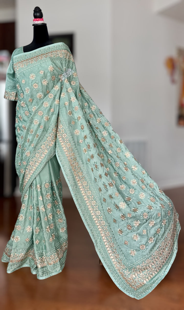 Sage Green Color gota and embroidery work designer satin crep silk saree|Party Wear Saree|PPS