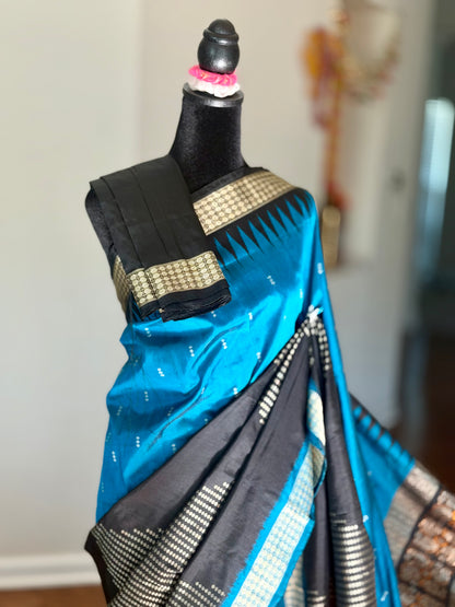 Beautiful Black and blue Handwoven Bomkai Pure Silk Saree –  from Odisha Weaves