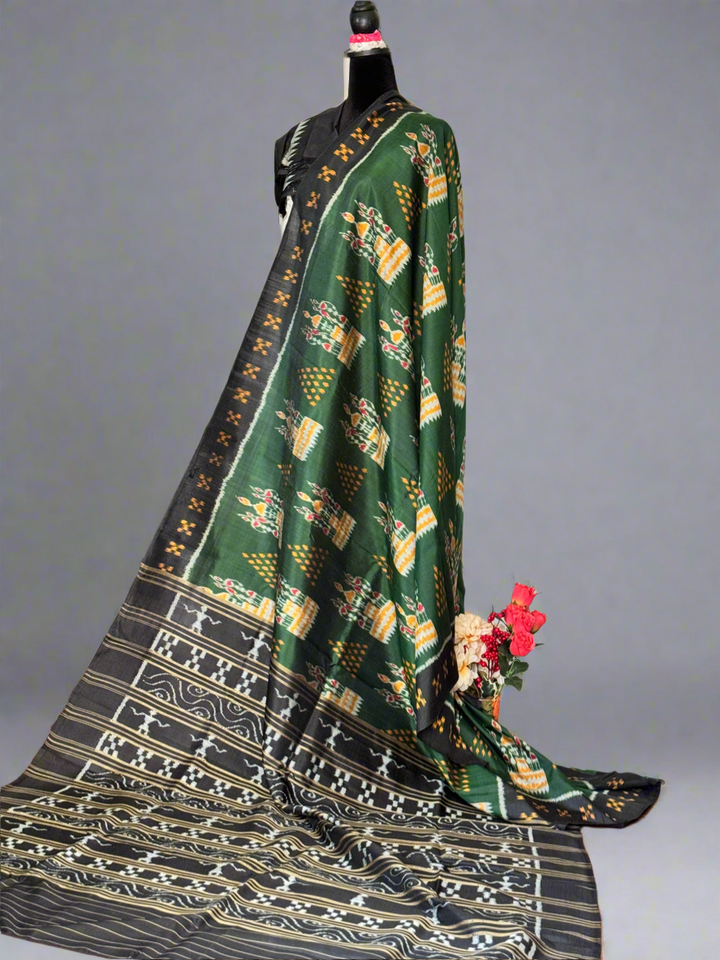 Dark Green Tribal Dance theme Contemporary Ikat Pure Silk Saree|Odisha Weaves