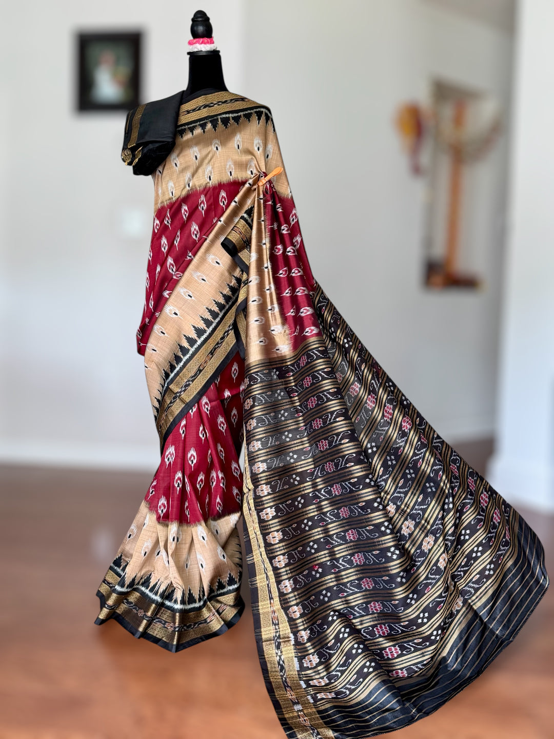 Maroon Beige Chandrika body Contemporary Ikat Pure Silk Saree|Odisha Weaves|Mishrita