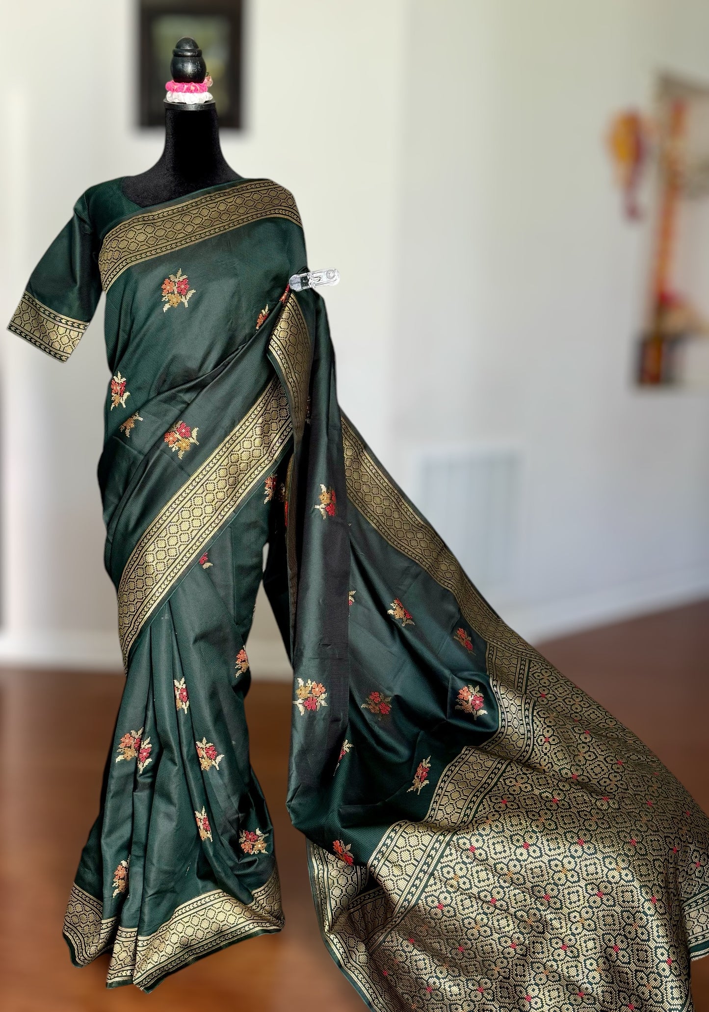 Elegant Dark green designer weaved and textured saree with stitched blouse| Value Vogue