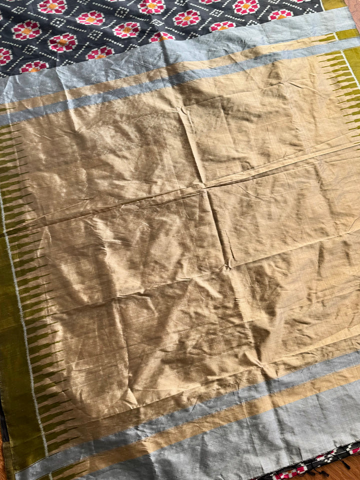 Black color handwoven ikat pure silk saree with Baghambari motif|Odisha Weaves|Contemporary Ikat|