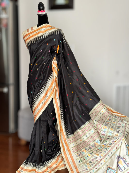 Gorgeous Black and Beige Combination Dolabedi pure silk saree from Odisha Weaves