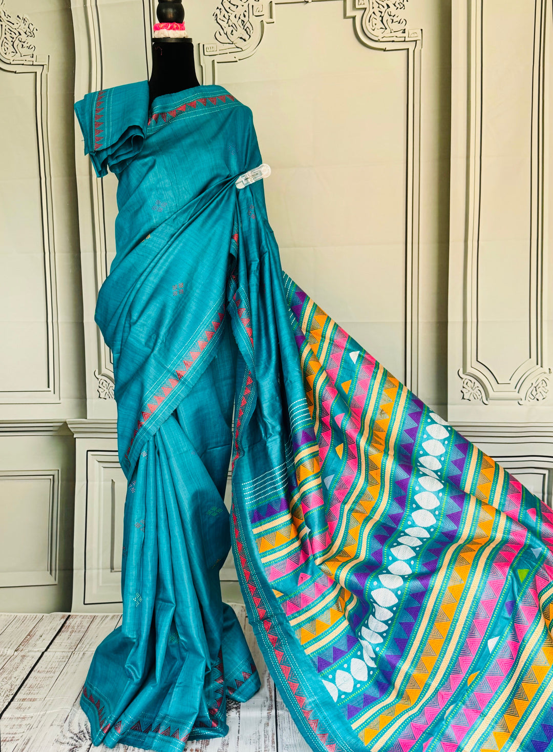 Teal Blue Gopalpur handwoven pure Tussar silk saree with Dongria pallu|Odisha weaves