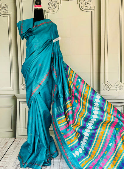 Teal Blue Gopalpur handwoven pure Tussar silk saree with Dongria pallu|Odisha weaves
