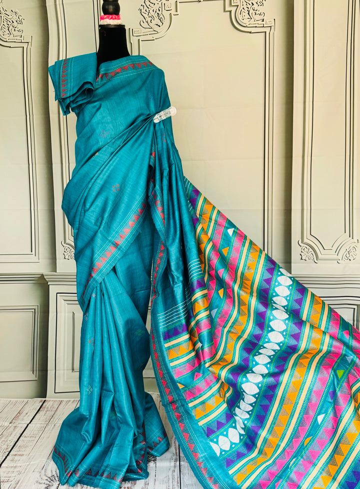 Teal Blue Gopalpur handwoven pure Tussar silk saree with Dongria pallu|Odisha weaves