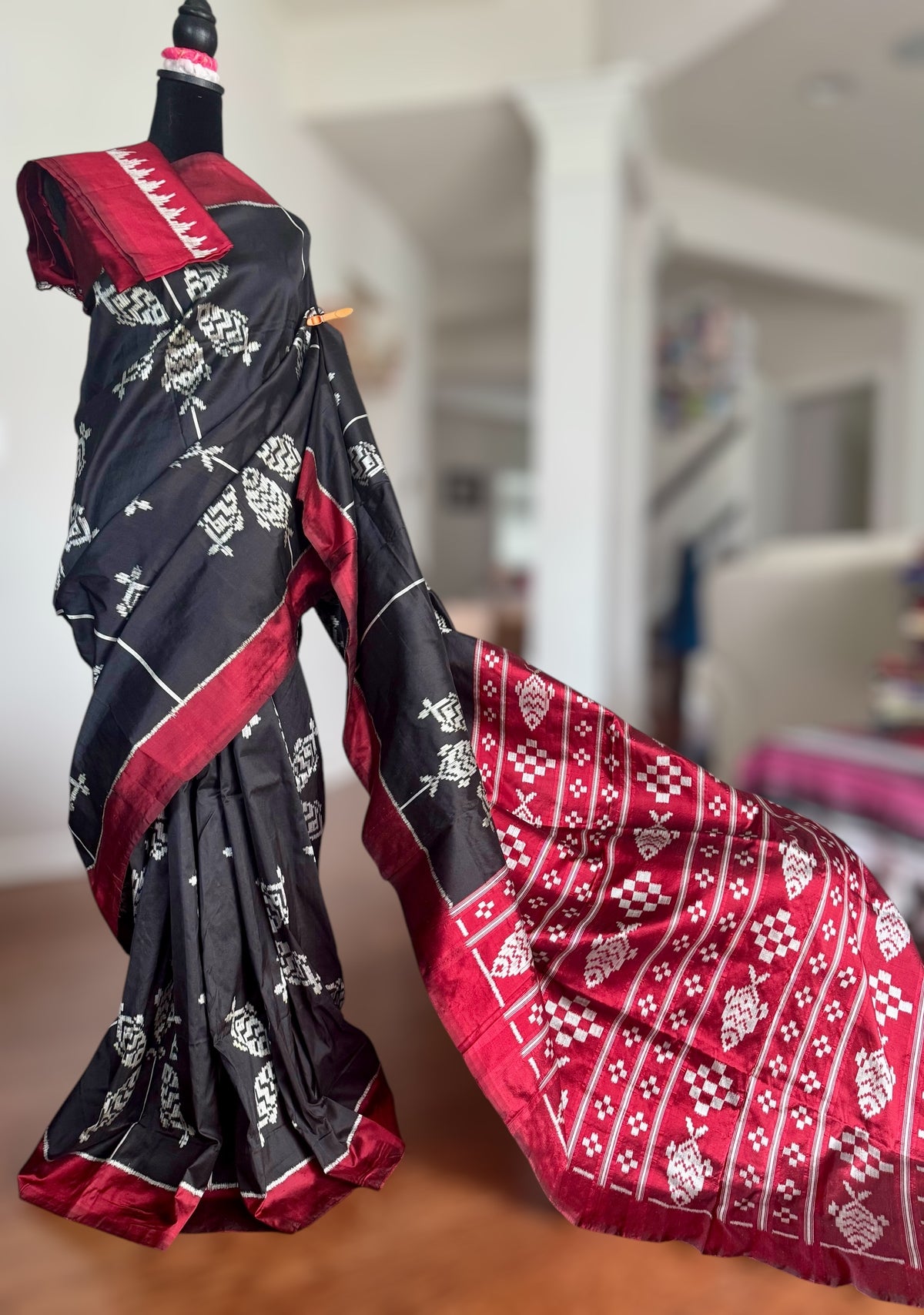Black color fish motif handwoven ikat pure silk saree|Odisha Weaves|Contemporary Ikat|Antara