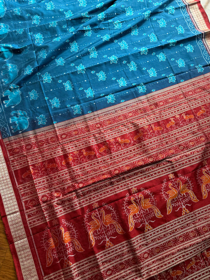 Teal blue and maroon handwoven Sambalpuri thousand motif pure Ikkat silk saree | Odisha Weaves