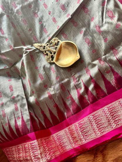 Grey with pink Hajar buti Sambalpuri Ikat pure silk Saree from Odisha Weaves