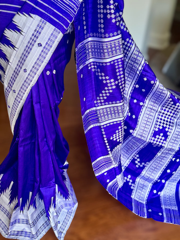 Indigo color traditional weaving Berhampuri Pure Silk Saree with Double pallu