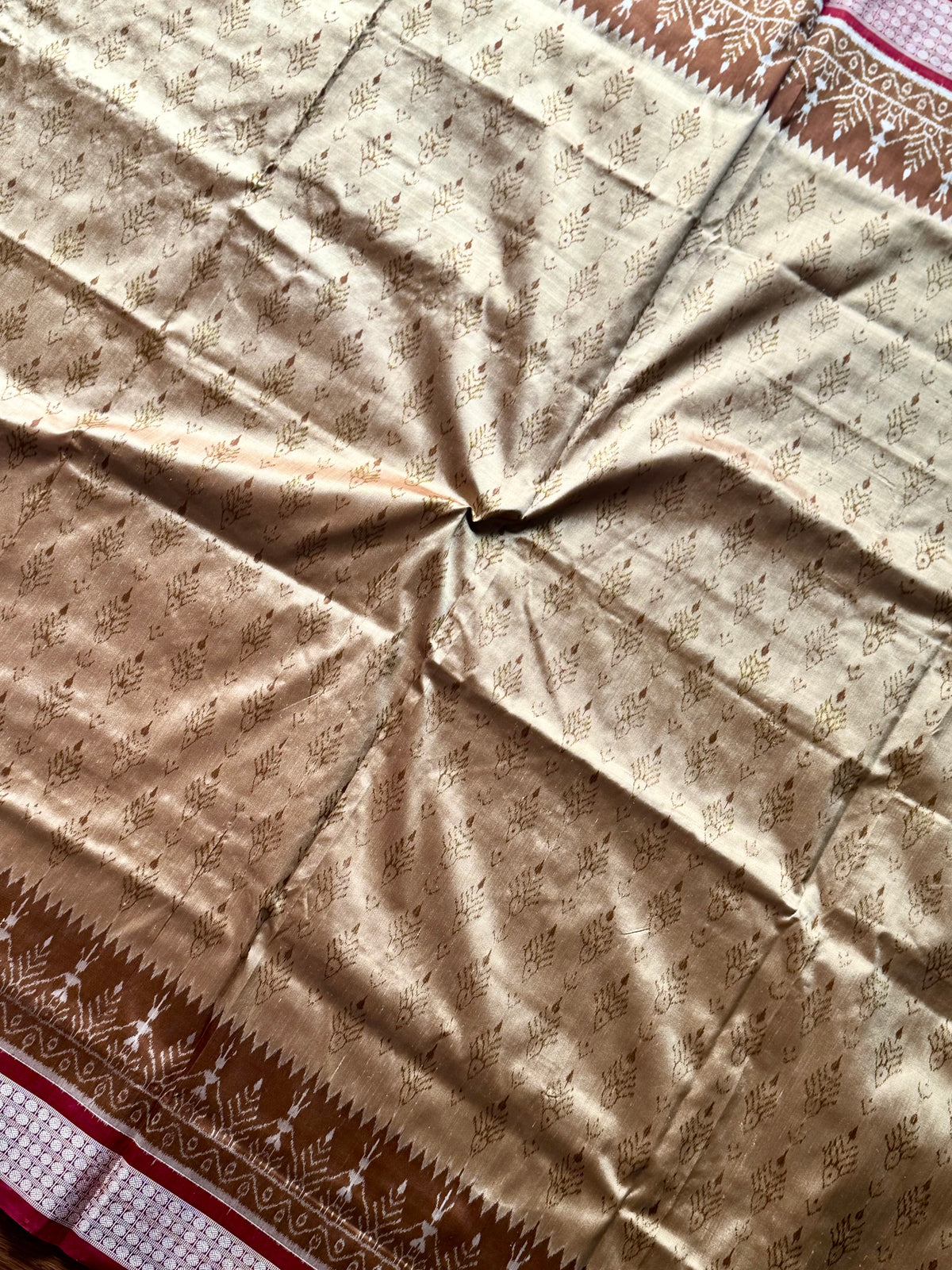 Golden baige and maroon-ish red handwoven Sambalpuri pure Ikkat silk saree | Odisha Weaves