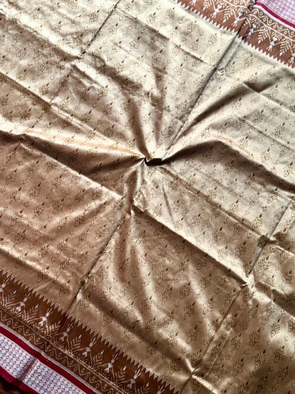 Golden baige and maroon-ish red handwoven Sambalpuri pure Ikkat silk saree | Odisha Weaves